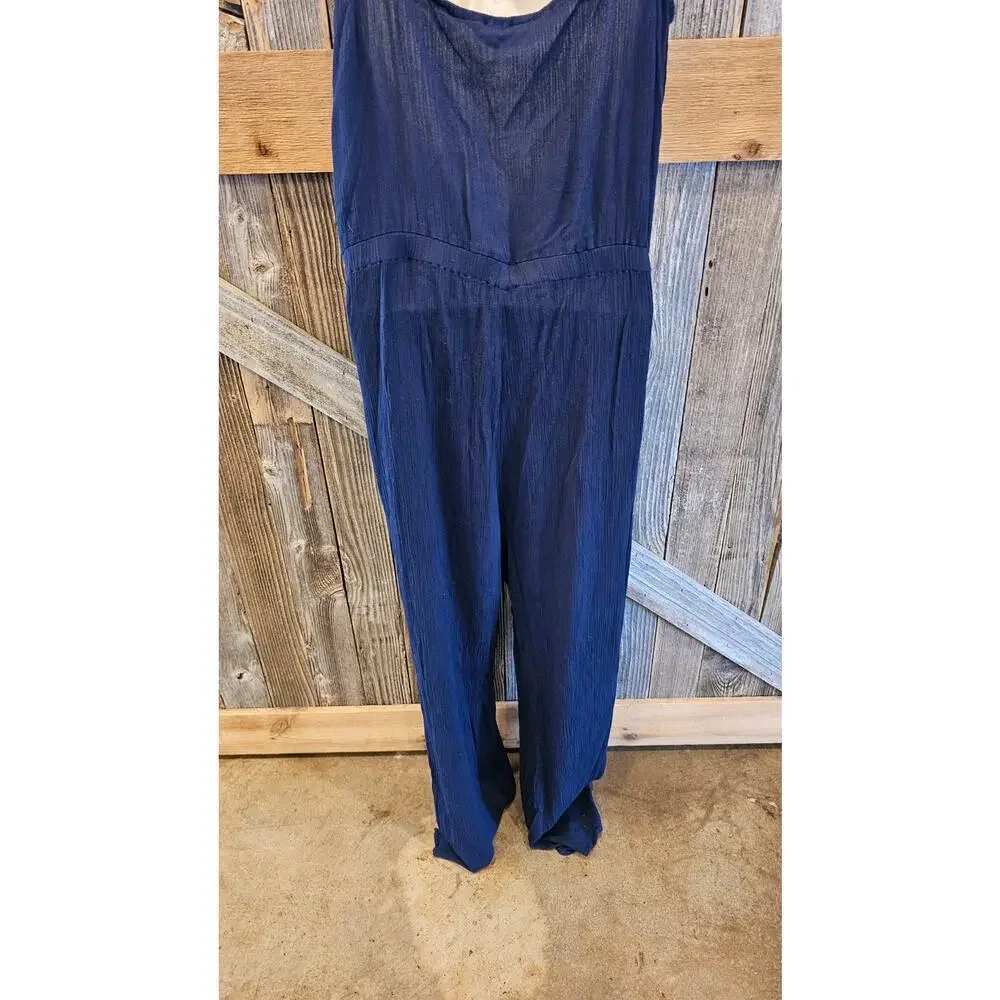 Soft surroundings crinkle rayon romper sz L navy blue elastic waist comfort flaw